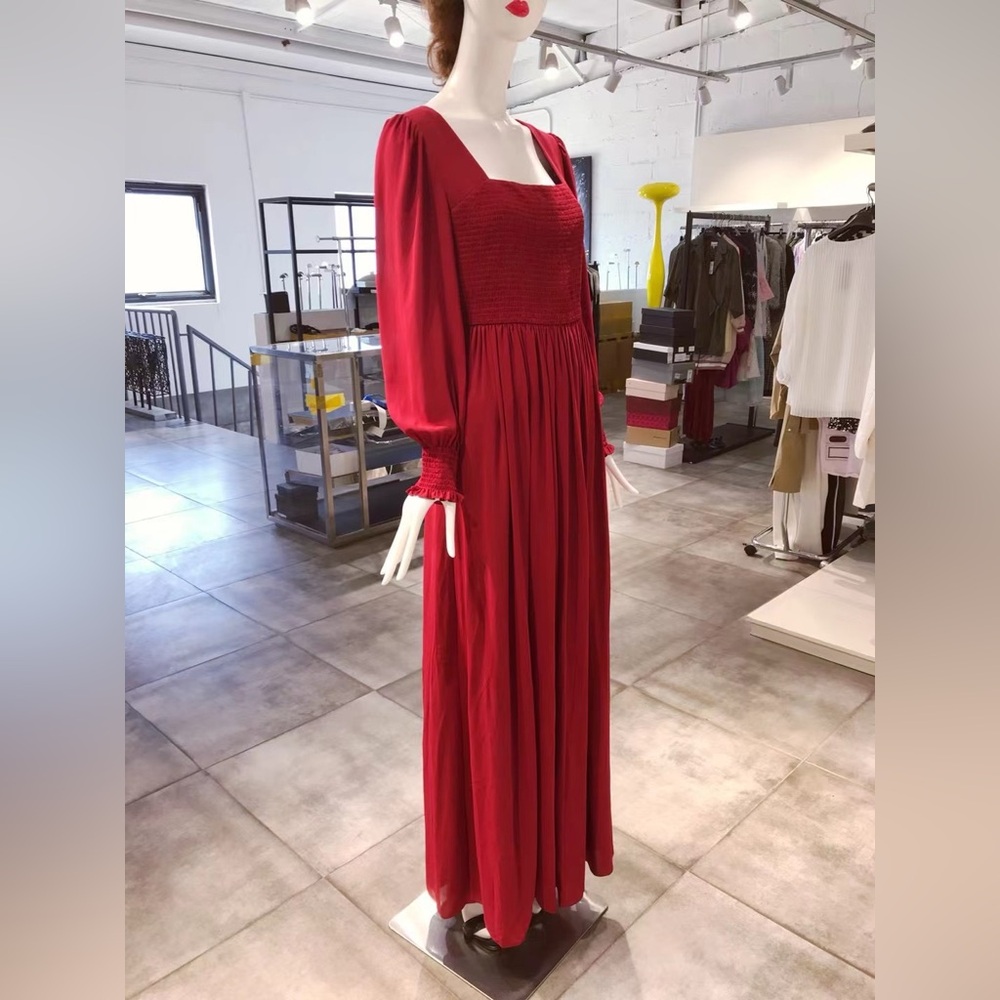 US 4 Mikael Aghal SHIRRED CREPE DE CHINE GOWN IN CRIMSON NWT